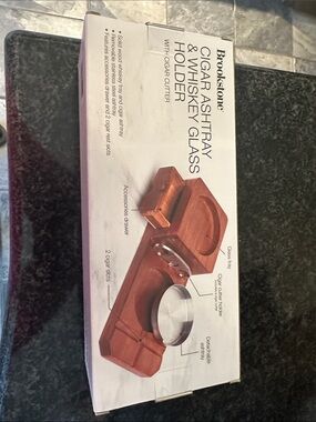Brookstone Wooden Cigar Ashtray & Whiskey Glass Station - Rich Brown Finish